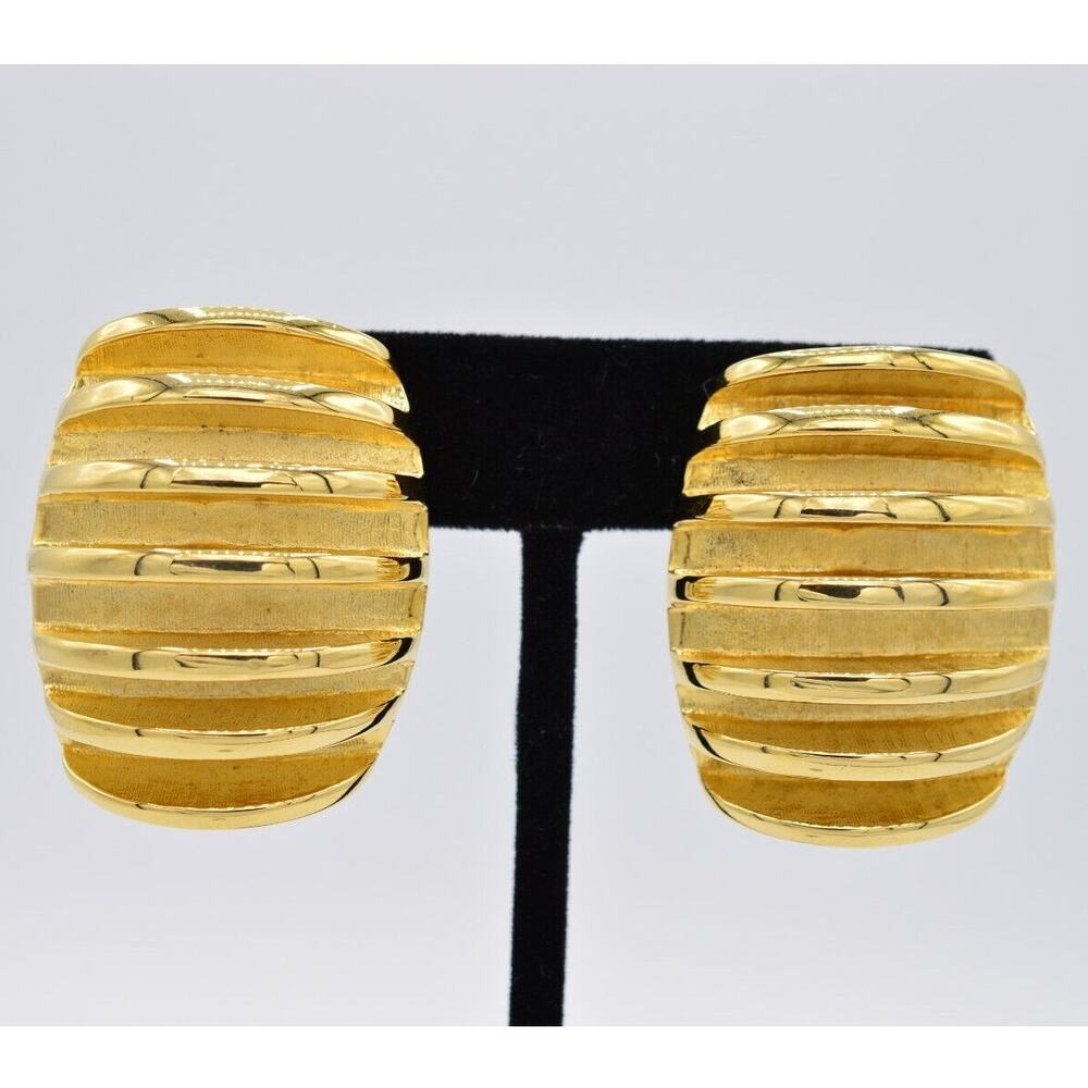 Givenchy Vintage Clip On Earrings Ribbed Chunky Heavy Gold Signed NOS 1980s BinX